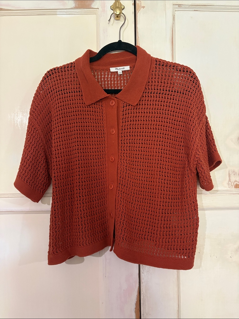 Madewell Rust Orange Open-Knit Short Sleeve Button Shirt